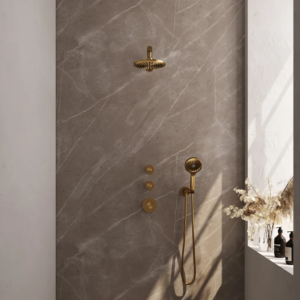 Brauer Gold Carving thermostatische inbouw regendouche SET 07 met 20 cm douchekop en rechte muurarm en 3-standen handdouche en doucheslang en wandaansluitbocht goud...