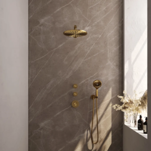 Brauer Gold Carving thermostatische inbouw regendouche SET 08 met 30 cm douchekop en rechte muurarm en 3-standen handdouche en doucheslang en wandaansluitbocht goud...
