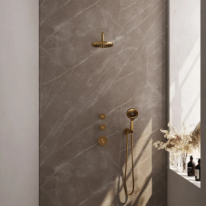 Brauer Gold Carving thermostatische inbouw regendouche SET 09 met 20 cm douchekop en gebogen muurarm en 3-standen handdouche en doucheslang en wandaansluitbocht goud...
