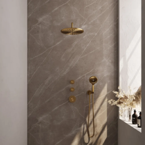 Brauer Gold Carving thermostatische inbouw regendouche SET 10 met 30 cm douchekop en gebogen muurarm en 3-standen handdouche en doucheslang en wandaansluitbocht goud...