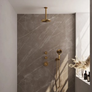 Brauer Gold Carving thermostatische inbouw regendouche SET 11 met 20 cm douchekop en plafondarm en 3-standen handdouche en doucheslang en wandaansluitbocht goud geborsteld...