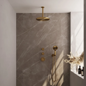 Brauer Gold Carving thermostatische inbouw regendouche SET 12 met 30 cm douchekop en plafondarm en 3-standen handdouche en doucheslang en wandaansluitbocht goud geborsteld...