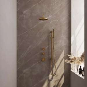 Brauer Gold Carving thermostatische inbouw regendouche SET 15 met 20 cm douchekop en gebogen muurarm en staaf handdouche en doucheslang en geïntegreerde glijstang goud... -...