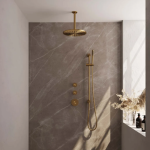 Brauer Gold Carving thermostatische inbouw regendouche SET 18 met 30 cm douchekop en plafondarm en staaf handdouche en doucheslang en geïntegreerde glijstang goud geborsteld...