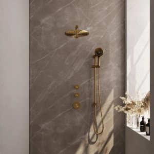 Brauer Gold Carving thermostatische inbouw regendouche SET 20 met 30 cm douchekop en rechte muurarm en 3-standen handdouche en doucheslang en geïntegreerde glijstang goud... -...