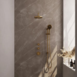 Brauer Gold Carving thermostatische inbouw regendouche SET 21 met 20 cm douchekop en gebogen muurarm en 3-standen handdouche en doucheslang en geïntegreerde glijstang goud... -...