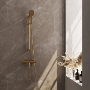 Brauer Gold Edition opbouw douche thermostaatkraan SET 02 met glijstang en 3-standen handdouche en doucheslang goud geborsteld PVD - Loodgieter in hengelo