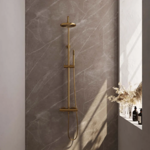 Brauer Gold Edition opbouw thermostatische regendouche SET 01 met 20 cm douchekop en staaf handdouche en doucheslang goud geborsteld PVD - Loodgieter in hengelo
