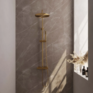 Brauer Gold Edition opbouw thermostatische regendouche SET 03 met 30 cm douchekop en staaf handdouche en doucheslang goud geborsteld PVD - Loodgieter in hengelo