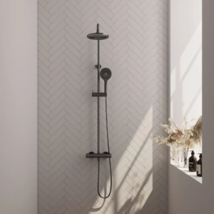 Brauer Gunmetal Carving opbouw thermostatische regendouche SET 02 met 20 cm douchekop en 3-standen handdouche en doucheslang gunmetal geborsteld PVD - Loodgieter in hengelo