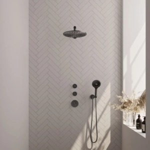 Brauer Gunmetal Carving thermostatische inbouw regendouche SET 08 met 30 cm douchekop en rechte muurarm en 3-standen handdouche en doucheslang en wandaansluitbocht gunmetal... -...