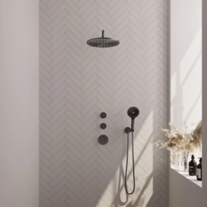 Brauer Gunmetal Carving thermostatische inbouw regendouche SET 10 met 30 cm douchekop en gebogen muurarm en 3-standen handdouche en doucheslang en wandaansluitbocht gunmetal......