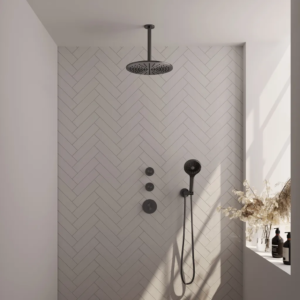 Brauer Gunmetal Carving thermostatische inbouw regendouche SET 12 met 30 cm douchekop en plafondarm en 3-standen handdouche en doucheslang en wandaansluitbocht gunmetal... -...