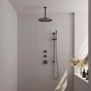 Brauer Gunmetal Carving thermostatische inbouw regendouche SET 18 met 30 cm douchekop en plafondarm en staaf handdouche en doucheslang en geïntegreerde glijstang gunmetal... -...