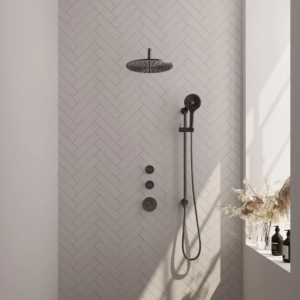 Brauer Gunmetal Carving thermostatische inbouw regendouche SET 22 met 30 cm douchekop en gebogen muurarm en 3-standen handdouche en doucheslang en geïntegreerde glijstang... -...