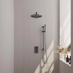 Brauer Gunmetal Edition thermostatische inbouw regendouche 3-weg omstelling SET 38 met 30 cm douchekop en rechte muurarm en staaf handdouche en doucheslang en geïntegreerde... -...