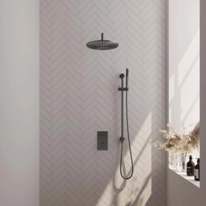 Brauer Gunmetal Edition thermostatische inbouw regendouche 3-weg omstelling SET 40 met 30 cm douchekop en gebogen muurarm en staaf handdouche en doucheslang en geïntegreerde......