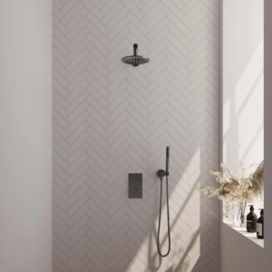 Brauer Gunmetal Edition thermostatische inbouw regendouche 3-weg omstelling SET 25 met 20 cm douchekop en rechte muurarm en staaf handdouche en doucheslang en...