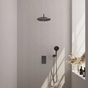 Brauer Gunmetal Edition thermostatische inbouw regendouche 3-weg omstelling SET 34 met 30 cm douchekop en gebogen muurarm en 3-standen handdouche en doucheslang en... -...