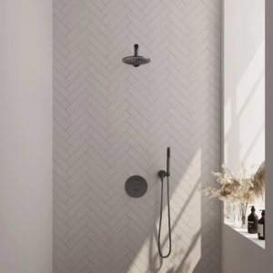 Brauer Gunmetal Edition thermostatische inbouw regendouche 3-weg rond SET 73 met 20 cm douchekop en rechte muurarm en staaf handdouche en doucheslang en wandaansluitbocht... -...