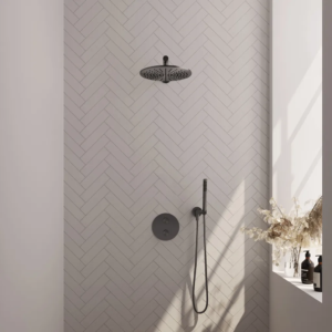 Brauer Gunmetal Edition thermostatische inbouw regendouche 3-weg rond SET 74 met 30 cm douchekop en rechte muurarm en staaf handdouche en doucheslang en wandaansluitbocht... -...
