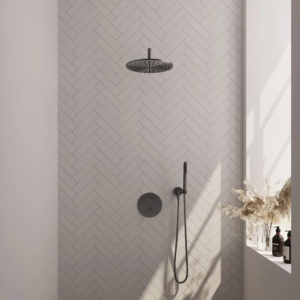 Brauer Gunmetal Edition thermostatische inbouw regendouche 3-weg rond SET 76 met 30 cm douchekop en gebogen muurarm en staaf handdouche en doucheslang en wandaansluitbocht... -...