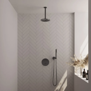 Brauer Gunmetal Edition thermostatische inbouw regendouche 3-weg rond SET 77 met 20 cm douchekop en plafondarm en staaf handdouche en doucheslang en wandaansluitbocht...