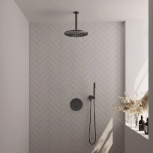 Brauer Gunmetal Edition thermostatische inbouw regendouche 3-weg rond SET 78 met 30 cm douchekop en plafondarm en staaf handdouche en doucheslang en wandaansluitbocht...