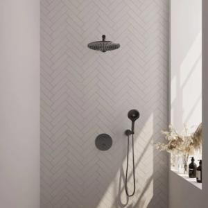 Brauer Gunmetal Edition thermostatische inbouw regendouche 3-weg rond SET 80 met 30 cm douchekop en rechte muurarm en 3-standen handdouche en doucheslang en wandaansluitbocht......