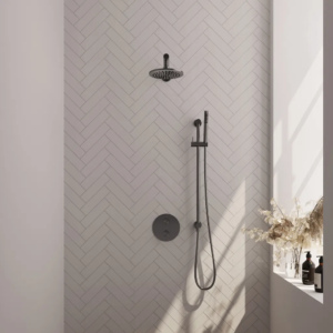 Brauer Gunmetal Edition thermostatische inbouw regendouche 3-weg rond SET 85 met 20 cm douchekop en rechte muurarm en staaf handdouche en doucheslang en geïntegreerde...