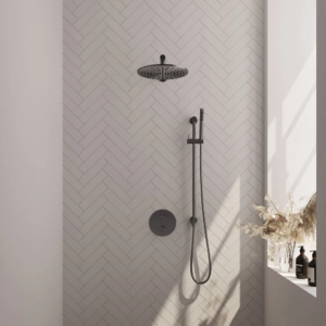 Brauer Gunmetal Edition thermostatische inbouw regendouche 3-weg rond SET 86 met 30 cm douchekop en rechte muurarm en staaf handdouche en doucheslang en geïntegreerde...
