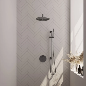 Brauer Gunmetal Edition thermostatische inbouw regendouche 3-weg rond SET 88 met 30 cm douchekop en gebogen muurarm en staaf handdouche en doucheslang en geïntegreerde...