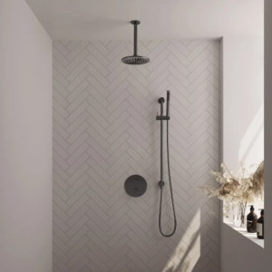 Brauer Gunmetal Edition thermostatische inbouw regendouche 3-weg rond SET 89 met 20 cm douchekop en plafondarm en staaf handdouche en doucheslang en geïntegreerde glijstang... -...