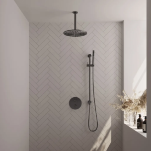 Brauer Gunmetal Edition thermostatische inbouw regendouche 3-weg rond SET 90 met 30 cm douchekop en plafondarm en staaf handdouche en doucheslang en geïntegreerde glijstang... -...