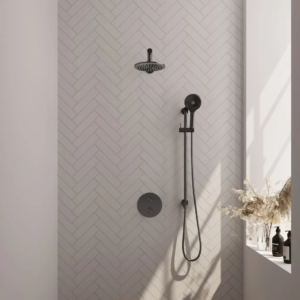 Brauer Gunmetal Edition thermostatische inbouw regendouche 3-weg rond SET 91 met 20 cm douchekop en rechte muurarm en 3-standen handdouche en doucheslang en geïntegreerde... -...