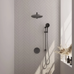 Brauer Gunmetal Edition thermostatische inbouw regendouche 3-weg rond SET 92 met 30 cm douchekop en rechte muurarm en 3-standen handdouche en doucheslang en geïntegreerde... -...