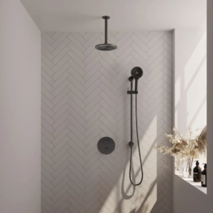 Brauer Gunmetal Edition thermostatische inbouw regendouche 3-weg rond SET 95 met 20 cm douchekop en plafondarm en 3-standen handdouche en doucheslang en geïntegreerde...