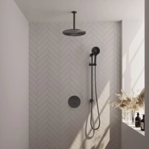 Brauer Gunmetal Edition thermostatische inbouw regendouche 3-weg rond SET 96 met 30 cm douchekop en plafondarm en 3-standen handdouche en doucheslang en geïntegreerde...