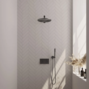 Brauer Gunmetal Edition thermostatische inbouw regendouche met drukknoppen SET 50 met 30 cm douchekop en rechte muurarm en staaf handdouche en doucheslang en...