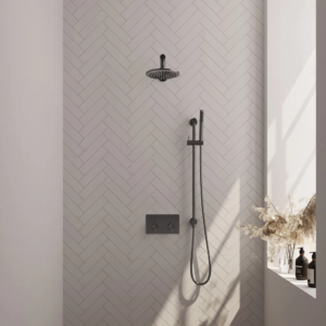 Brauer Gunmetal Edition thermostatische inbouw regendouche met drukknoppen SET 61 met 20 cm douchekop en rechte muurarm en staaf handdouche en doucheslang en geïntegreerde... -...
