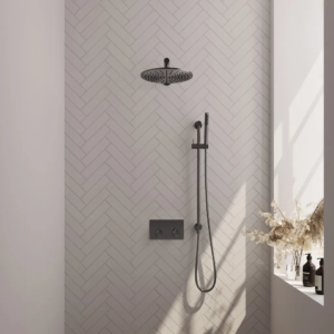Brauer Gunmetal Edition thermostatische inbouw regendouche met drukknoppen SET 62 met 30 cm douchekop en rechte muurarm en staaf handdouche en doucheslang en geïntegreerde... -...