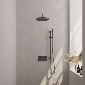 Brauer Gunmetal Edition thermostatische inbouw regendouche met drukknoppen SET 64 met 30 cm douchekop en gebogen muurarm en staaf handdouche en doucheslang en geïntegreerde... -...
