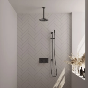 Brauer Gunmetal Edition thermostatische inbouw regendouche met drukknoppen SET 65 met 20 cm douchekop en plafondarm en staaf handdouche en doucheslang en geïntegreerde...