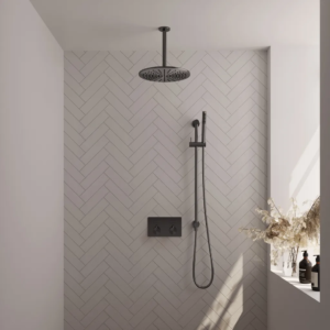 Brauer Gunmetal Edition thermostatische inbouw regendouche met drukknoppen SET 66 met 30 cm douchekop en plafondarm en staaf handdouche en doucheslang en geïntegreerde...