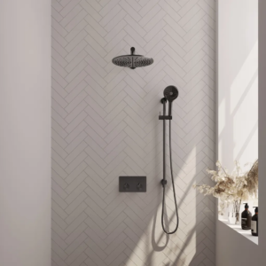 Brauer Gunmetal Edition thermostatische inbouw regendouche met drukknoppen SET 68 met 30 cm douchekop en rechte muurarm en 3-standen handdouche en doucheslang en...