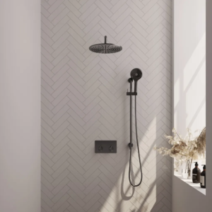 Brauer Gunmetal Edition thermostatische inbouw regendouche met drukknoppen SET 70 met 30 cm douchekop en gebogen muurarm en 3-standen handdouche en doucheslang en...