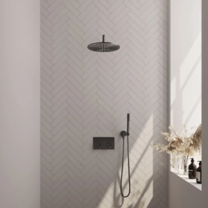 Brauer Gunmetal Edition thermostatische inbouw regendouche met drukknoppen SET 52 met 30 cm douchekop en gebogen muurarm en staaf handdouche en doucheslang en...