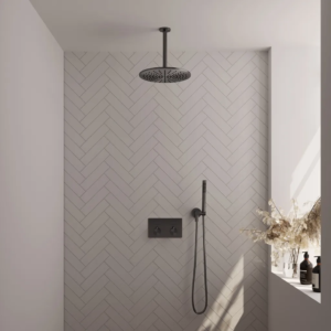 Brauer Gunmetal Edition thermostatische inbouw regendouche met drukknoppen SET 54 met 30 cm douchekop en plafondarm en staaf handdouche en doucheslang en wandaansluitbocht... -...