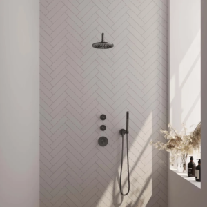 Brauer Gunmetal Edition thermostatische inbouw regendouche SET 03 met 20 cm douchekop en gebogen muurarm en staaf handdouche en doucheslang en wandaansluitbocht gunmetal... -...