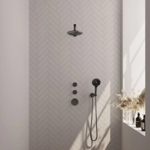 Brauer Gunmetal Edition thermostatische inbouw regendouche SET 07 met 20 cm douchekop en rechte muurarm en 3-standen handdouche en doucheslang en wandaansluitbocht gunmetal... -...